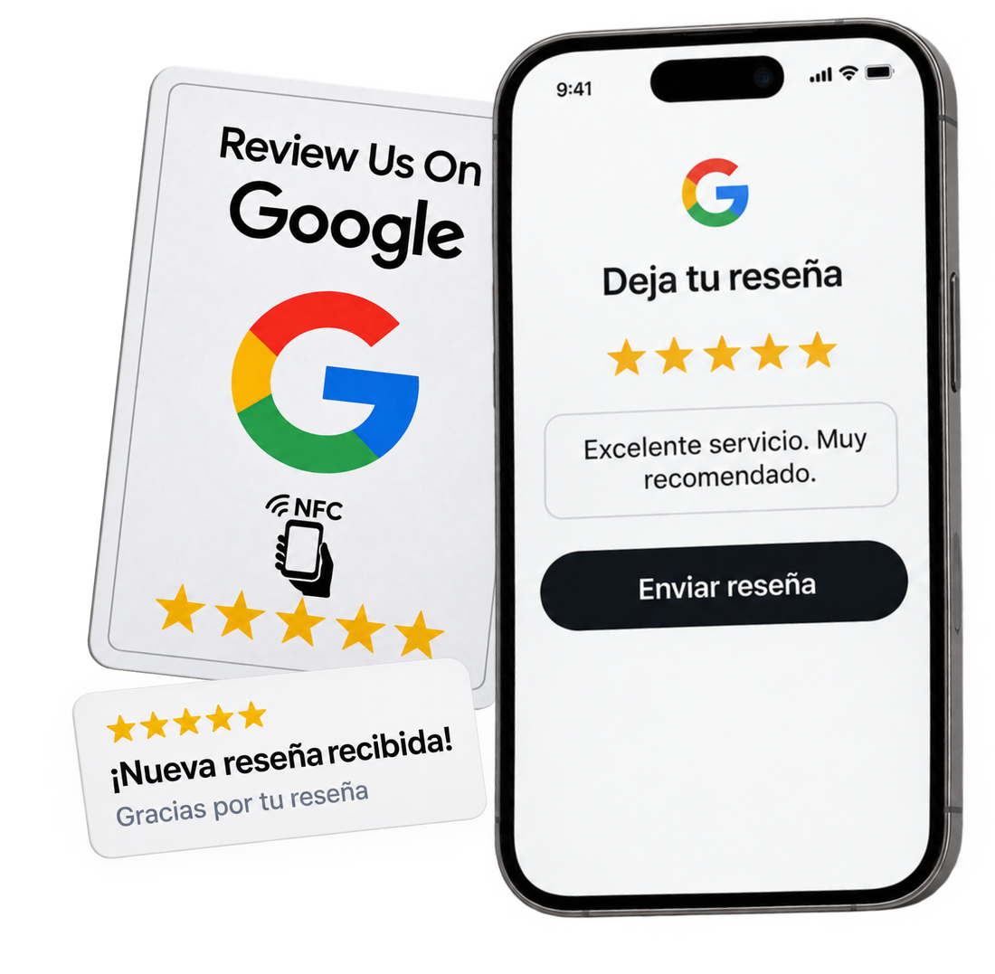 Tarjeta NFCora y móvil con el enlace de reseñas